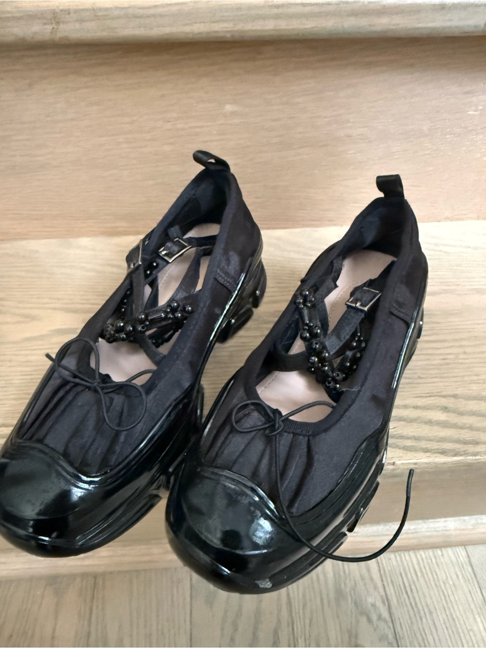 Black Women's Beaded T-Strap Platform Flats